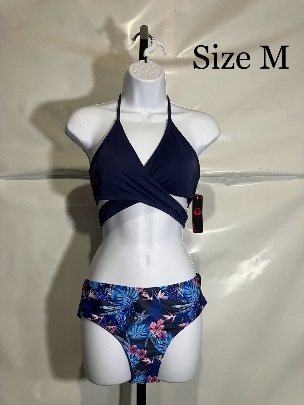 Navy Wrap Halter Bikini Set with Tropical Print Bottom - Size M